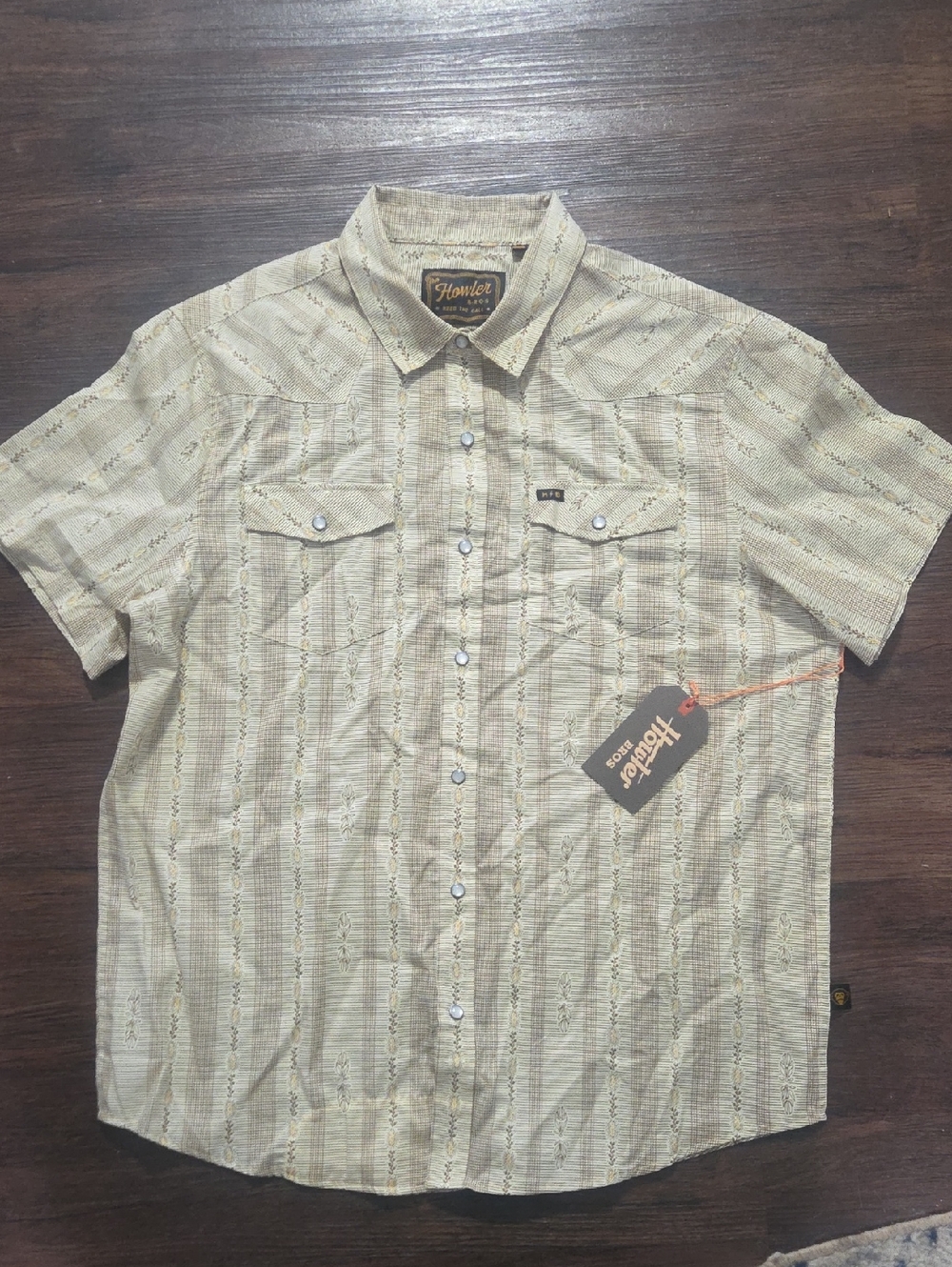 New Lg Howler Brothers Short Sleeve Button-Down Shirt - Cream & Tan Stripes NWT